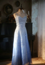 Vintage Gradient Light Blue A-Line Spaghetti Strap Beaded Tulle Long Classy Prom Dress