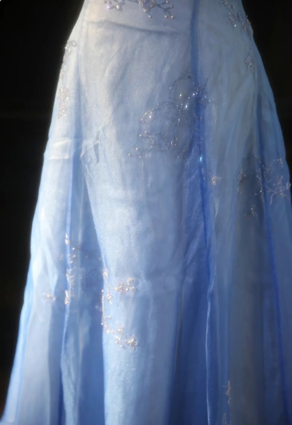 Vintage Gradient Light Blue A-Line Spaghetti Strap Beaded Tulle Long Classy Prom Dress