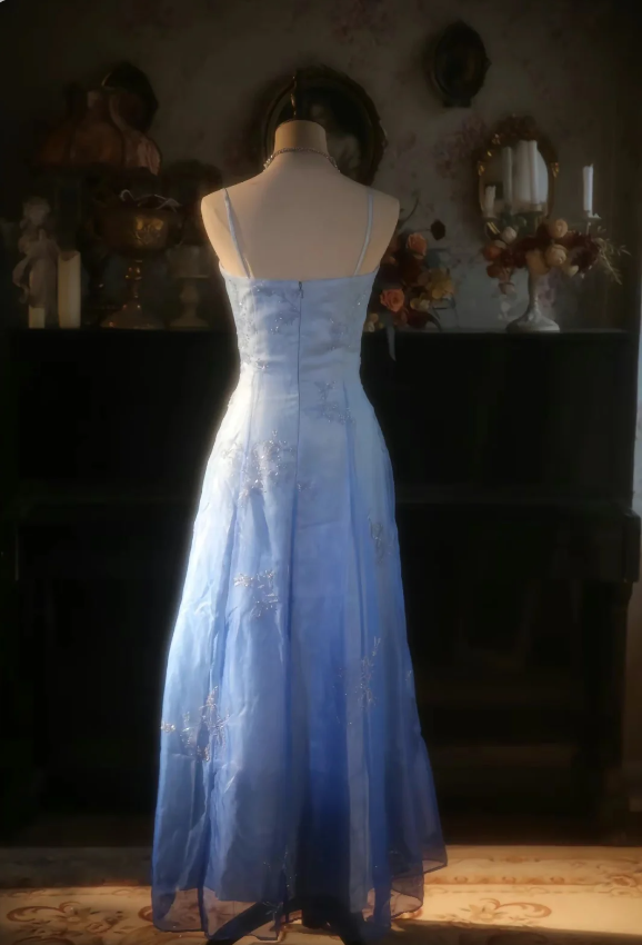 Vintage Gradient Light Blue A-Line Spaghetti Strap Beaded Tulle Long Classy Prom Dress