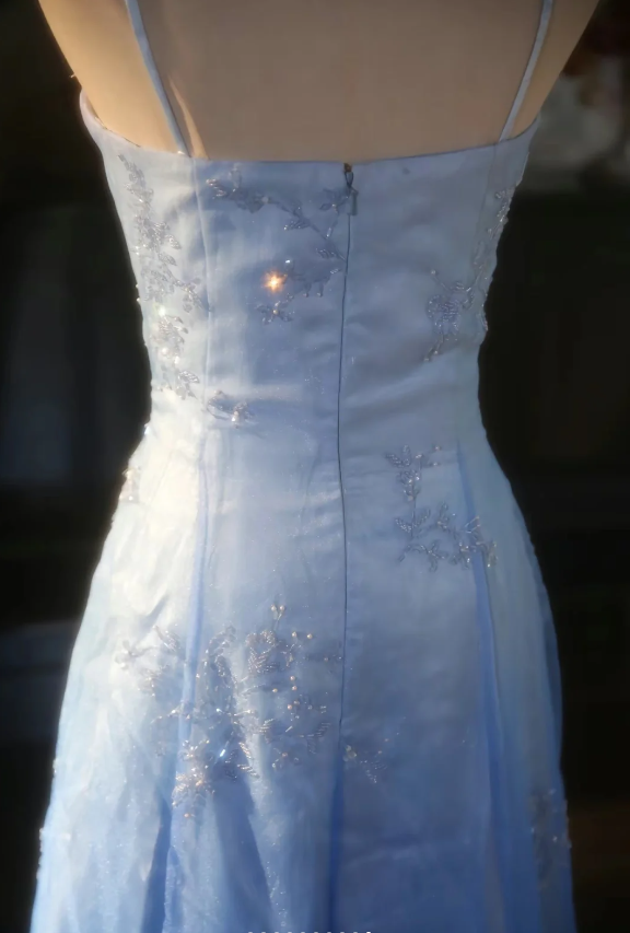 Vintage Gradient Light Blue A-Line Spaghetti Strap Beaded Tulle Long Classy Prom Dress