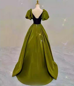 Vintage Green A-Line V-Neck Puff Sleeve Satin Long Classy Prom Dress