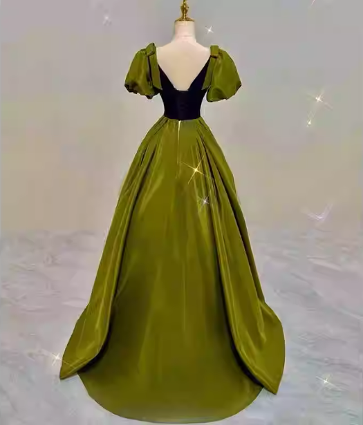 Vintage Green A-Line V-Neck Puff Sleeve Satin Long Classy Prom Dress