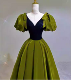 Vintage Green A-Line V-Neck Puff Sleeve Satin Long Classy Prom Dress