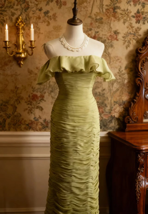 Vintage Green Fitted Off-Shoulder Ruffled Chiffon Long Classy Prom Dress