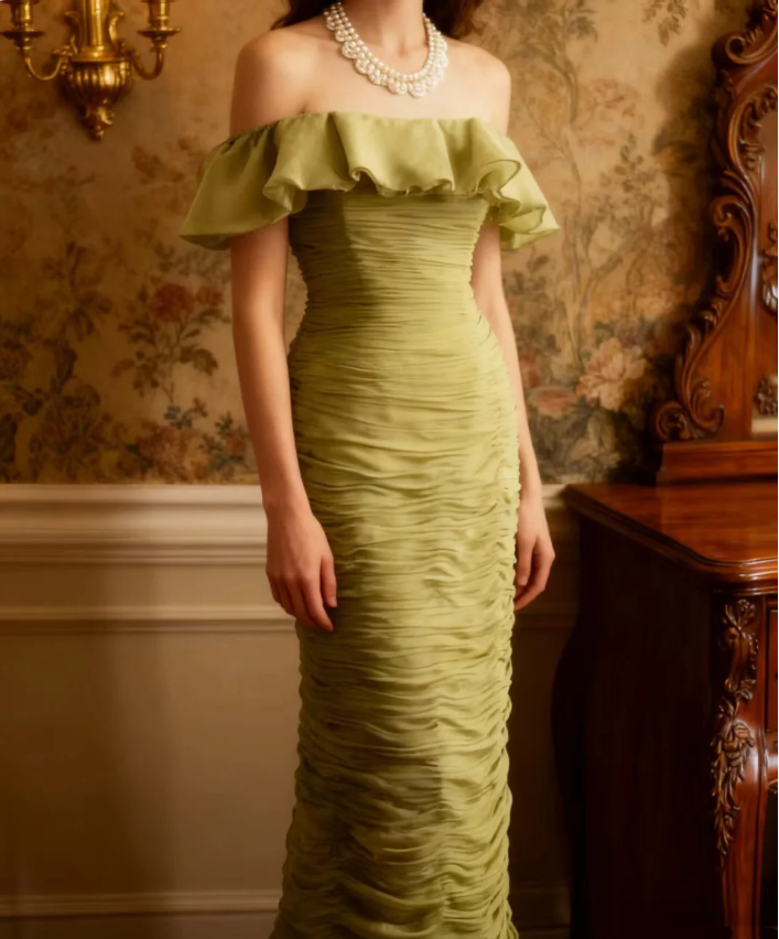 Vintage Green Fitted Off-Shoulder Ruffled Chiffon Long Classy Prom Dress