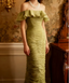 Vintage Green Fitted Off-Shoulder Ruffled Chiffon Long Classy Prom Dress
