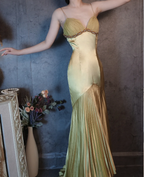 Vintage Green Mermaid Deep V-Neck Pleated Satin Long Classy Prom Dress