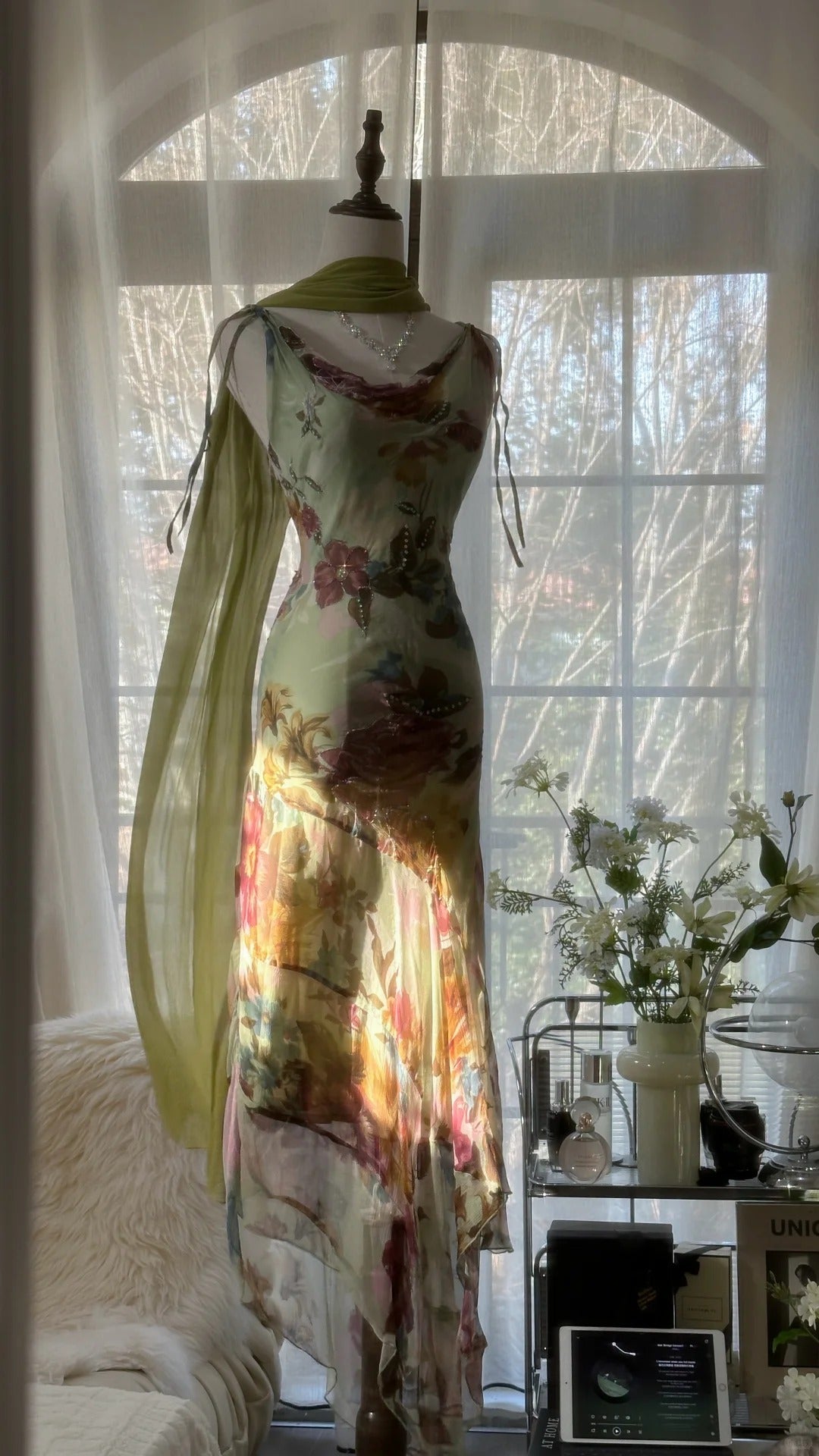 Vintage Green Oil Painting Chiffon Print Irregular Skirt Classy Prom Dress Secondary image