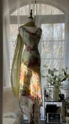 Vintage Green Oil Painting Chiffon Print Irregular Skirt Classy Prom Dress