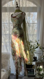 Vintage Green Oil Painting Chiffon Print Irregular Skirt Classy Prom Dress