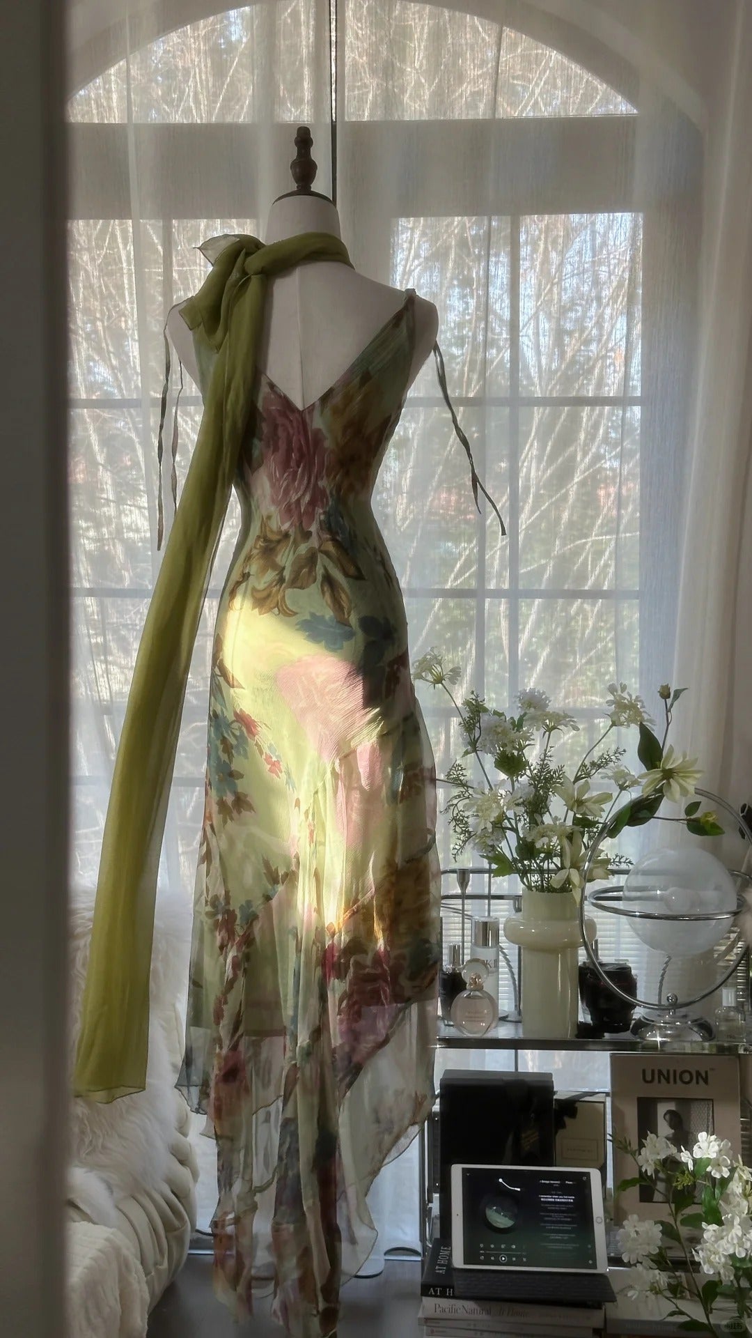 Vintage Green Oil Painting Chiffon Print Irregular Skirt Classy Prom Dress