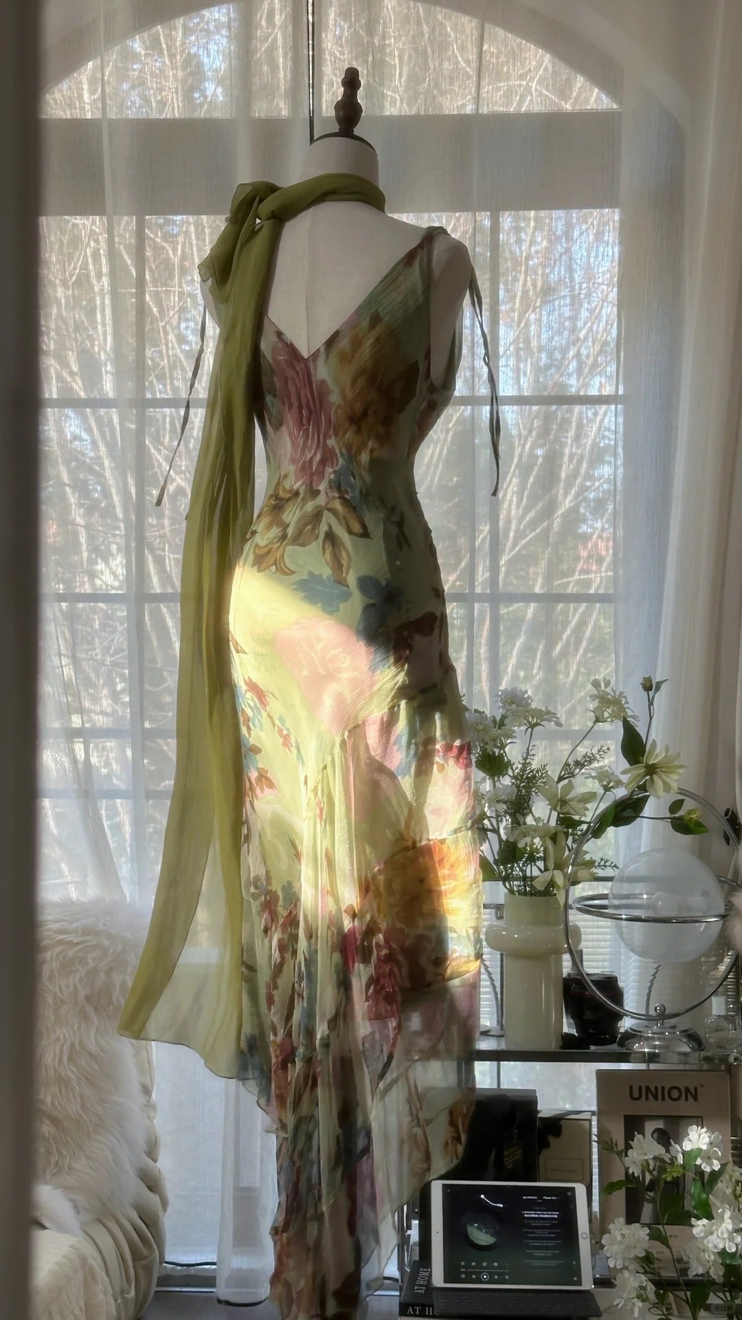 Vintage Green Oil Painting Chiffon Print Irregular Skirt Classy Prom Dress