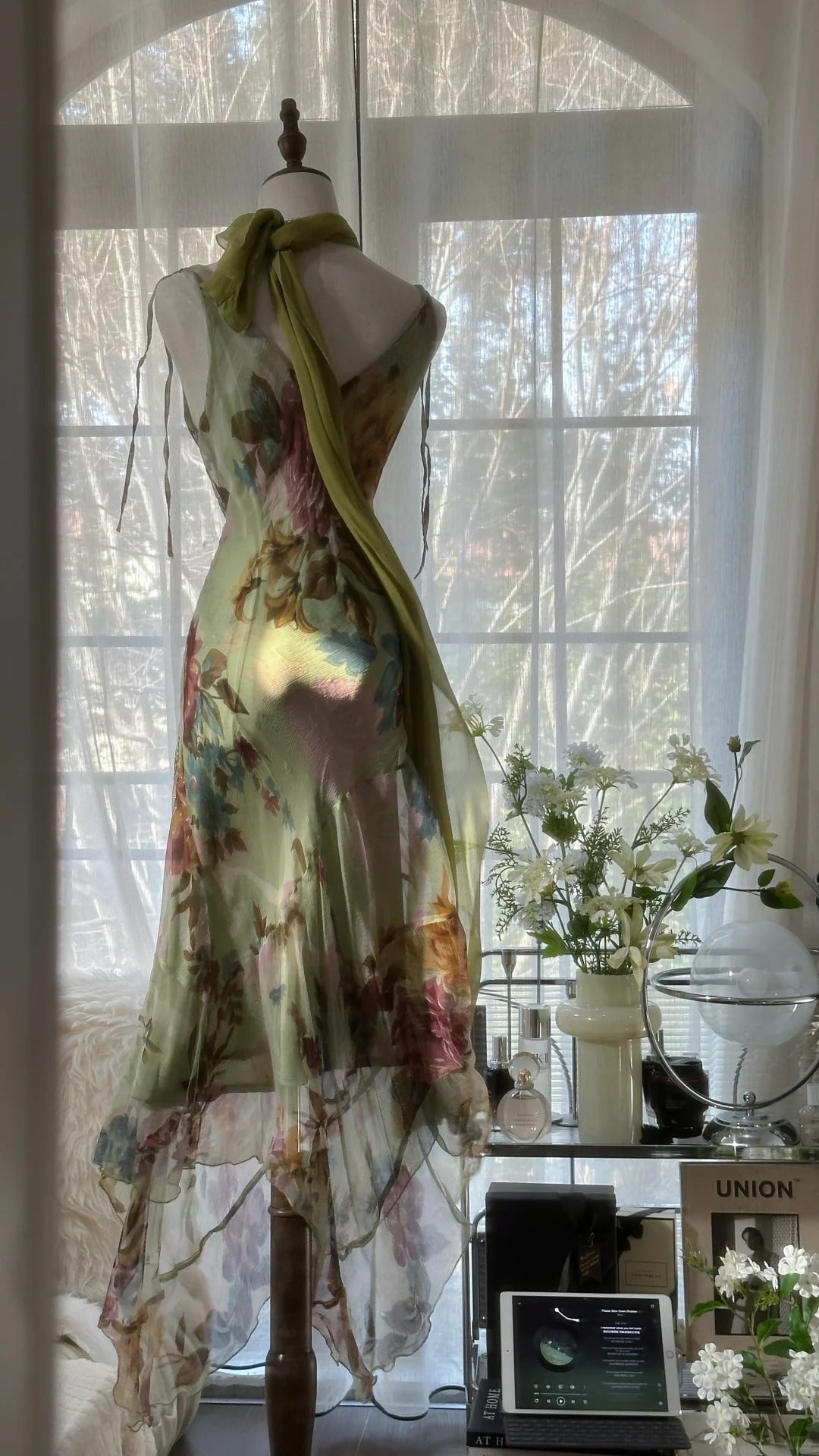 Vintage Green Oil Painting Chiffon Print Irregular Skirt Classy Prom Dress