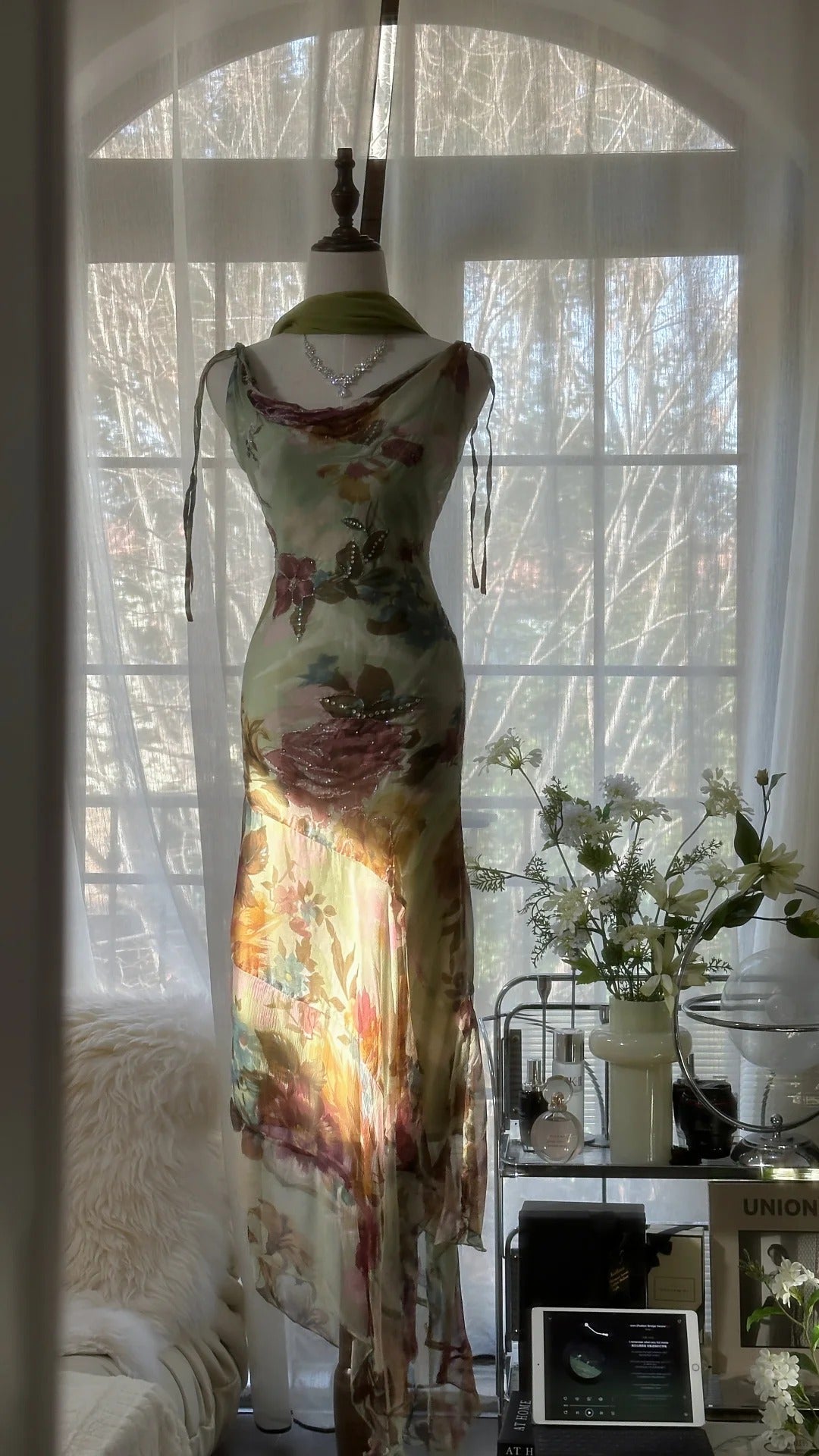 Vintage Green Oil Painting Chiffon Print Irregular Skirt Classy Prom Dress