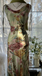 Vintage Green Oil Painting Chiffon Print Irregular Skirt Classy Prom Dress