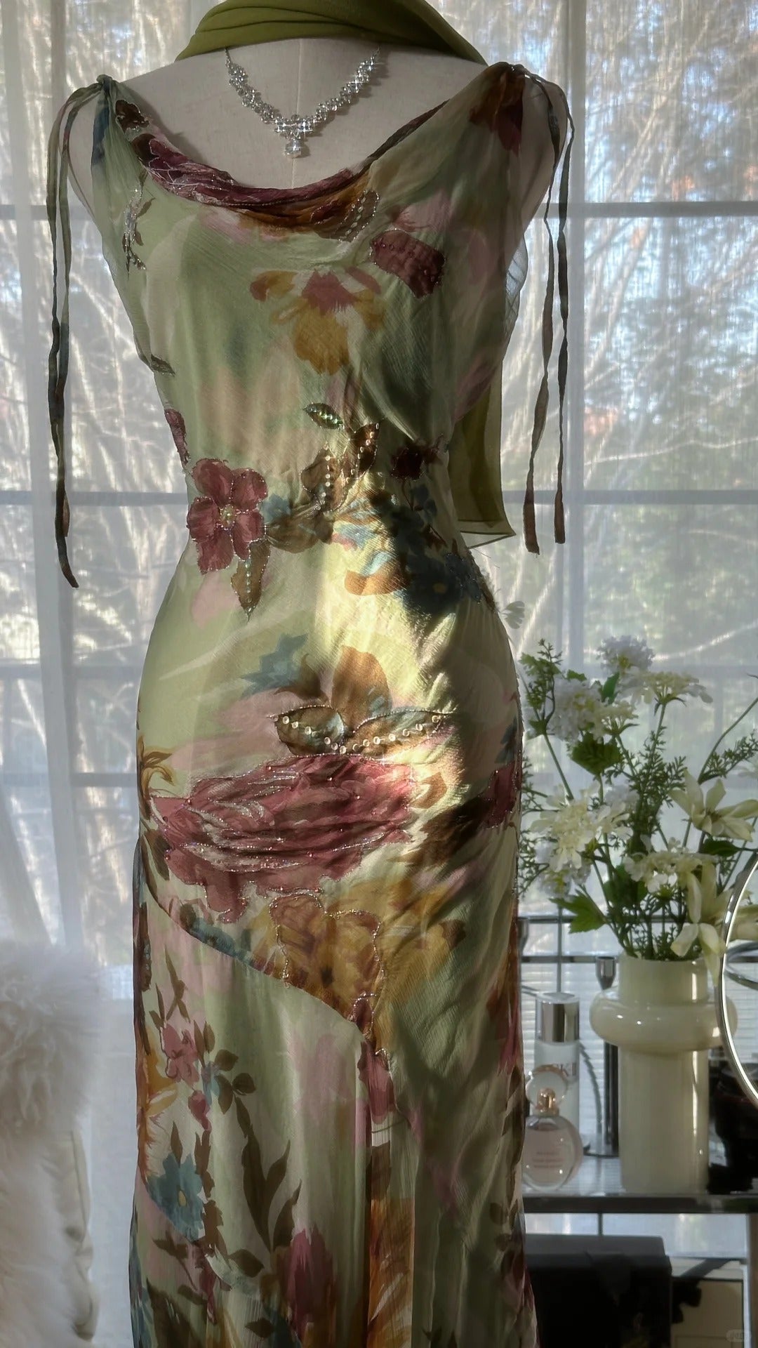 Vintage Green Oil Painting Chiffon Print Irregular Skirt Classy Prom Dress