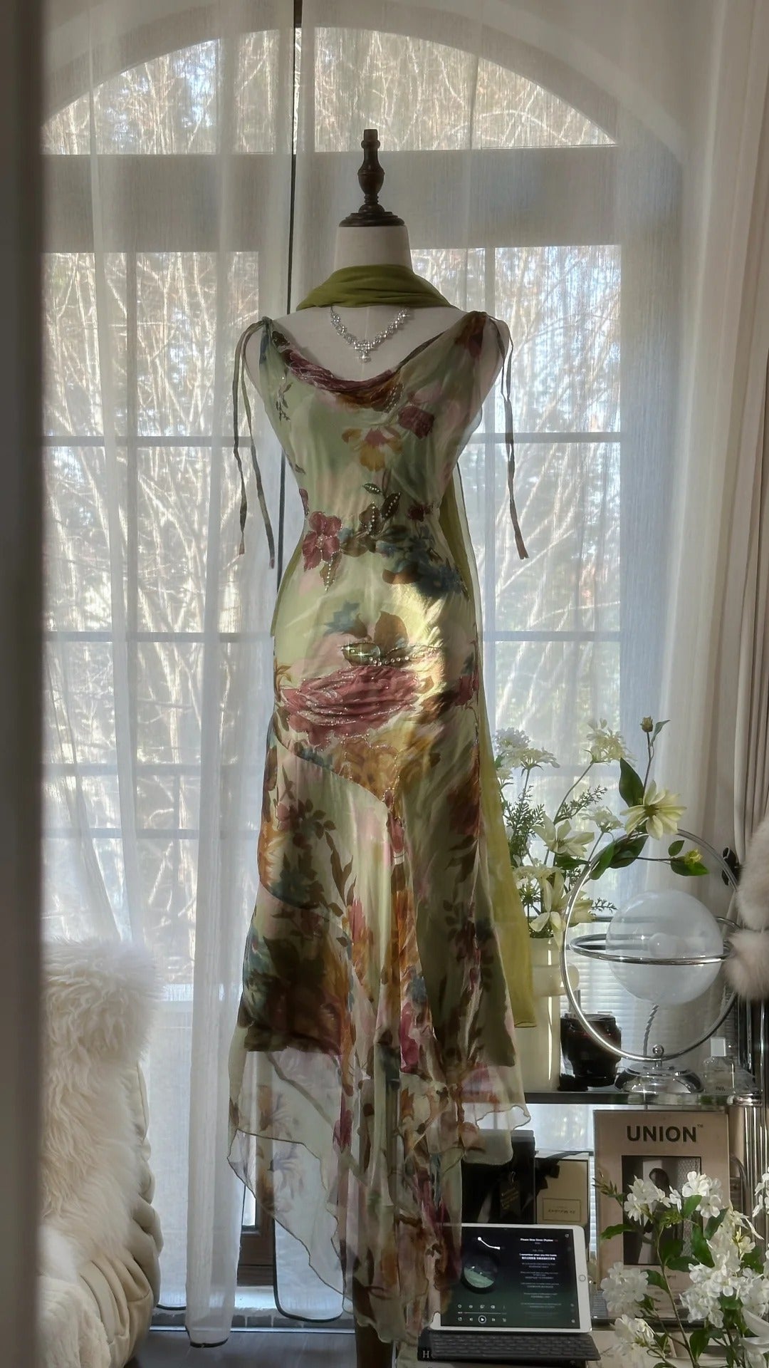 Vintage Green Oil Painting Chiffon Print Irregular Skirt Classy Prom Dress