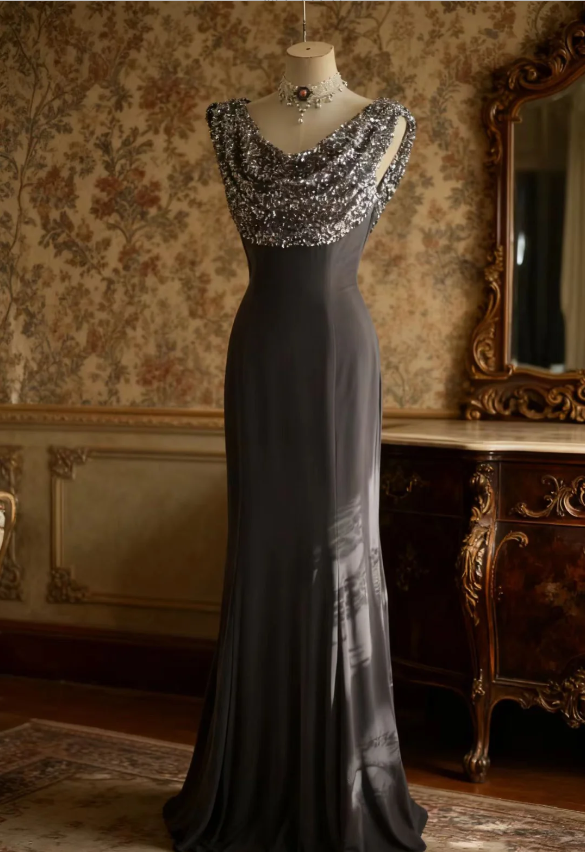 Vintage Black Mermaid Sequin Satin Long Classy Prom Dress