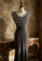 Vintage Black Mermaid Sequin Satin Long Classy Prom Dress