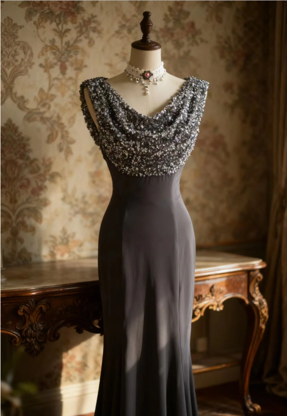 Vintage Black Mermaid Sequin Satin Long Classy Prom Dress