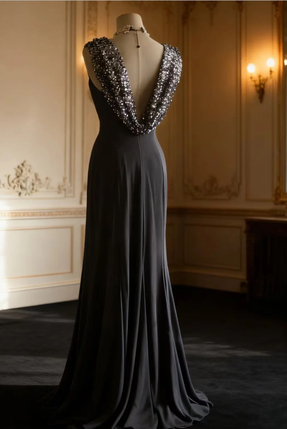 Vintage Black Mermaid Sequin Satin Long Classy Prom Dress
