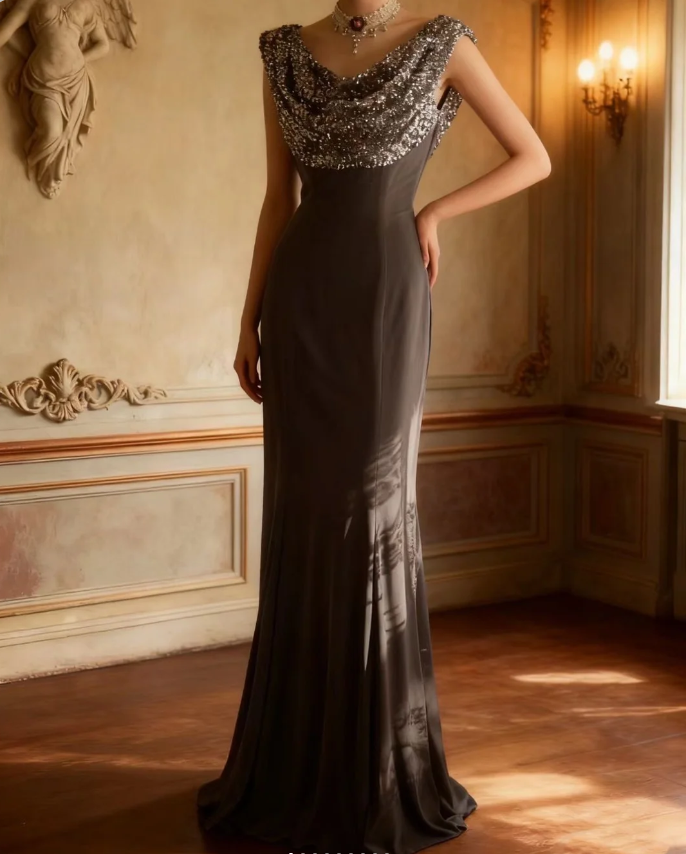Vintage Black Mermaid Sequin Satin Long Classy Prom Dress Main image