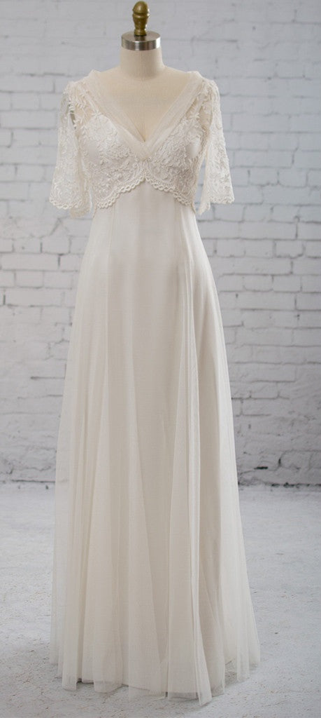 Vintage Half Sleeve V-Neck Elegant See Through Wedding Prom Dress