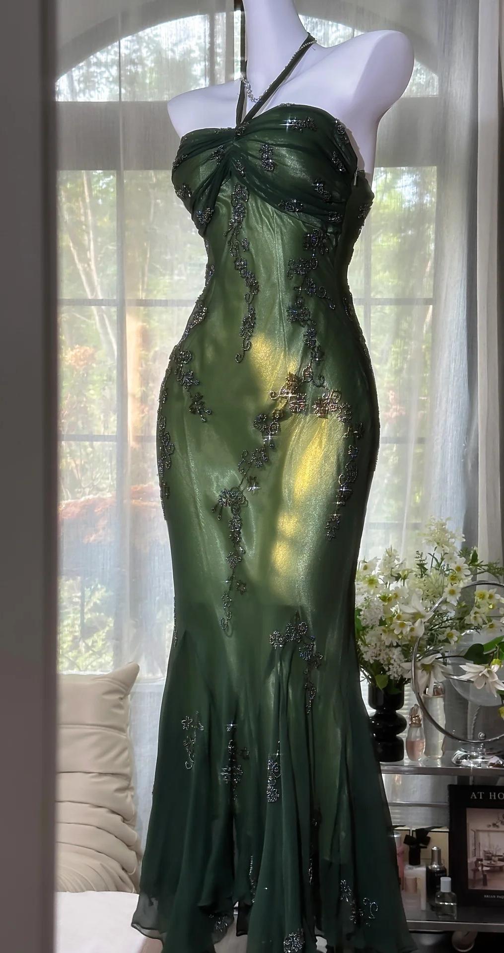 Vintage Halter Mermaid Long Classy Prom Dress Chiffon Beaded Dark Green Long Classy Dress Secondary image