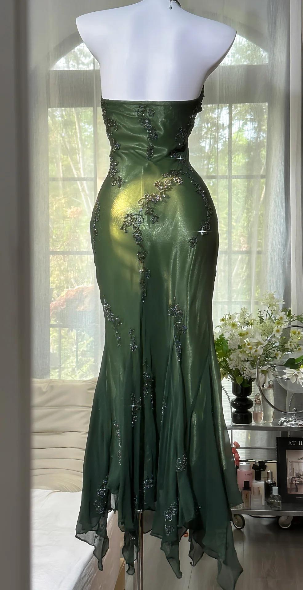 Vintage Halter Mermaid Long Classy Prom Dress Chiffon Beaded Dark Green Long Classy Dress