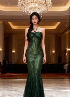 Vintage Halter Mermaid Long Classy Prom Dress Chiffon Beaded Dark Green Long Classy Dress