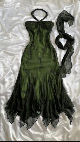 Vintage Halter Mermaid Long Classy Prom Dress Chiffon Beaded Dark Green Long Classy Dress