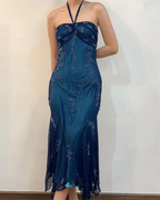 Vintage Halter Mermaid Long Classy Prom Dress Chiffon Beaded Dark Green Long Classy Dress
