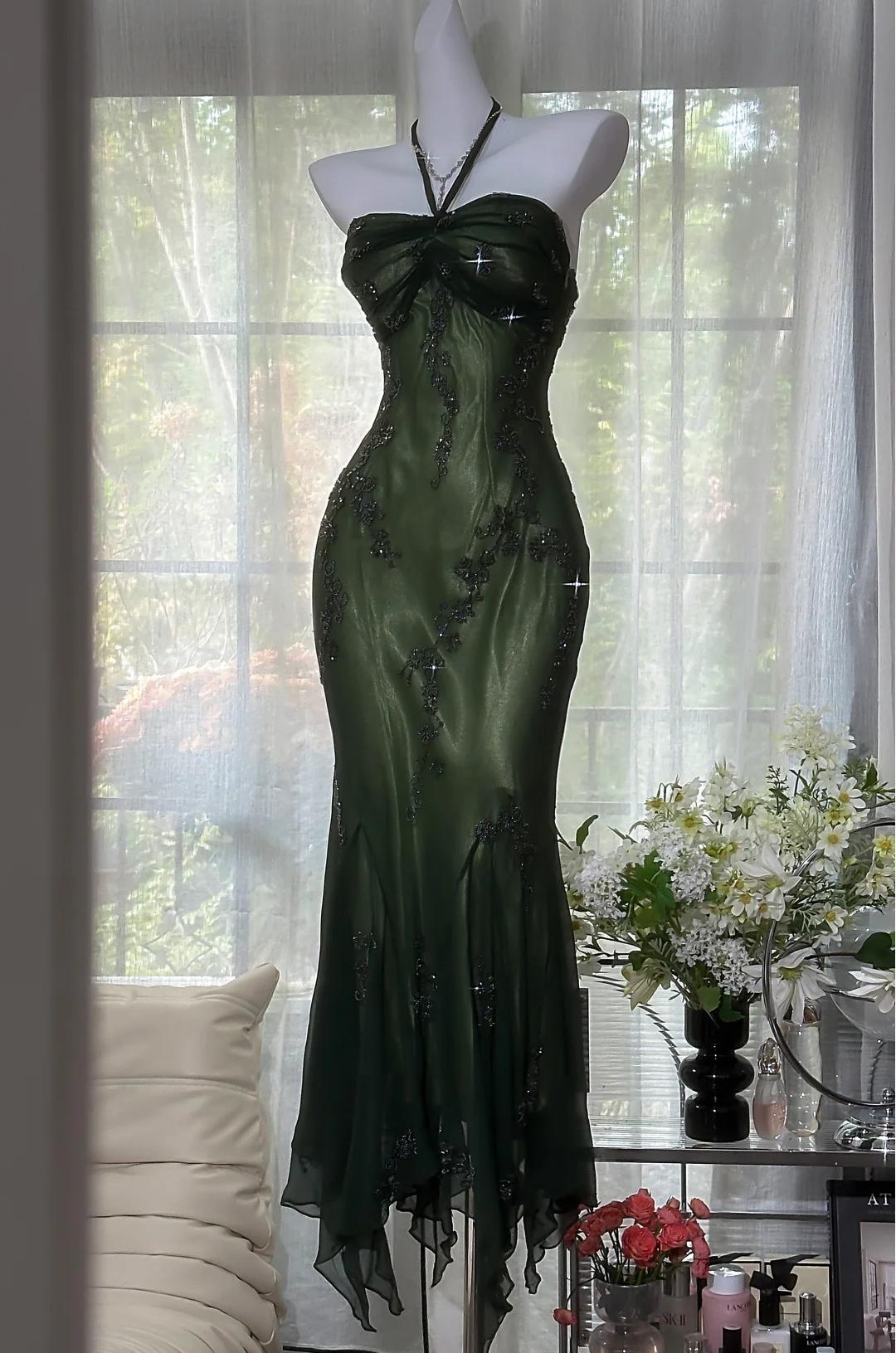 Vintage Halter Mermaid Long Classy Prom Dress Chiffon Beaded Dark Green Long Classy Dress Main image