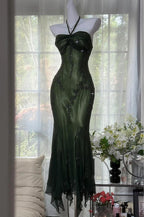 Vintage Halter Mermaid Long Classy Prom Dress Chiffon Beaded Dark Green Long Classy Dress