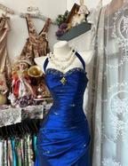 Vintage Halter Sheath Long Classy Prom Dress Beaded Satin Blue Classy Evening Dress Sleeveless Birthday Dress