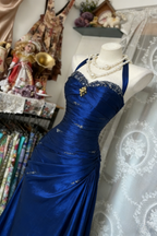Vintage Halter Sheath Long Classy Prom Dress Beaded Satin Blue Classy Evening Dress Sleeveless Birthday Dress