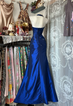 Vintage Halter Sheath Long Classy Prom Dress Beaded Satin Blue Classy Evening Dress Sleeveless Birthday Dress