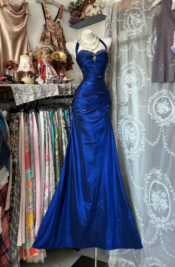 Vintage Halter Sheath Long Classy Prom Dress Beaded Satin Blue Classy Evening Dress Sleeveless Birthday Dress Main image