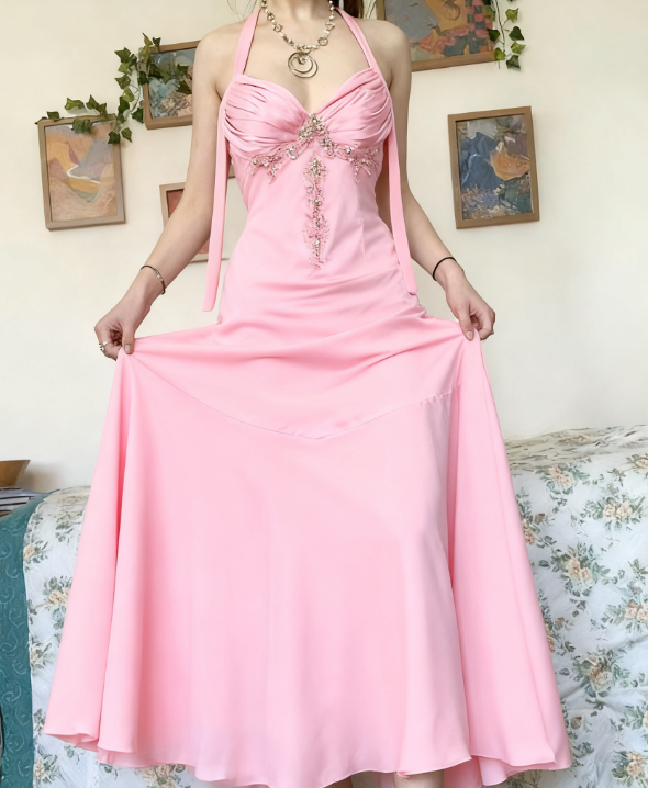Vintage Halter V Neck Beaded Appliques 90S Classy Prom Dress Mermaid Classy Evening Dress