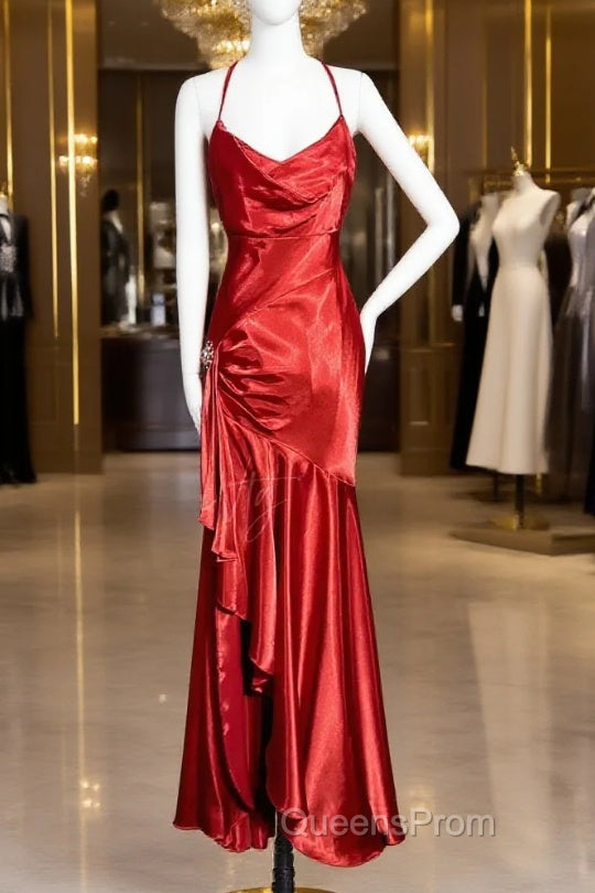 Vintage High Low Halter Satin Red Evening Prom Gown Fairy Long Evening Prom Dress