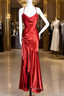 Vintage High Low Halter Satin Red Evening Prom Gown Fairy Long Evening Prom Dress