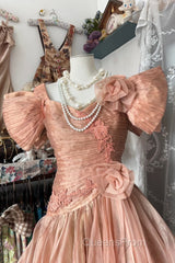 Vintage High Low Short Sleeves Flowers Evening Dress Evening Prom Dress