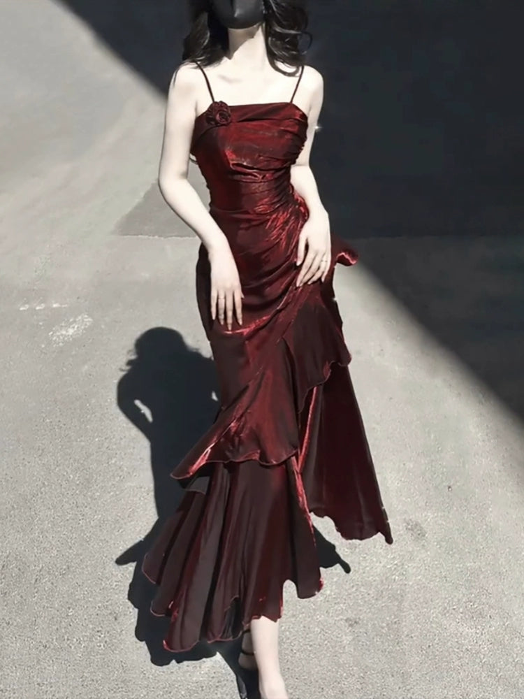 Vintage High Low Spaghetti Straps Burgundy Long Party Dress Birthday Outfits Secondary image