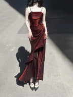 Vintage High Low Spaghetti Straps Burgundy Long Party Dress Birthday Outfits