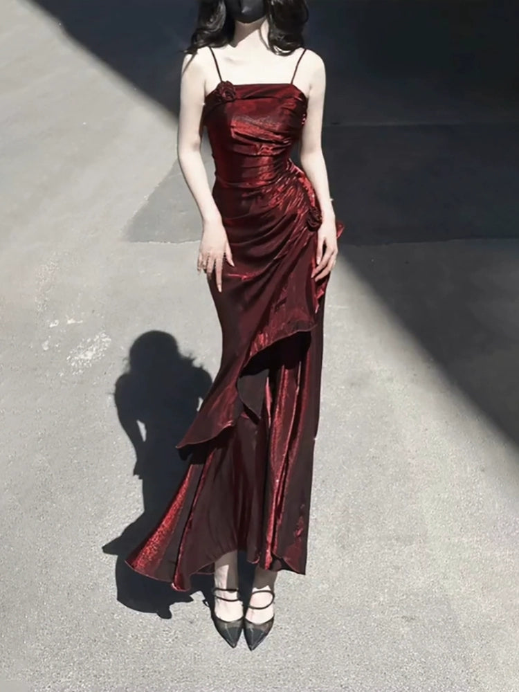 Vintage High Low Spaghetti Straps Burgundy Long Party Dress Birthday Outfits