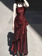 Vintage High Low Spaghetti Straps Burgundy Long Party Dress Birthday Outfits