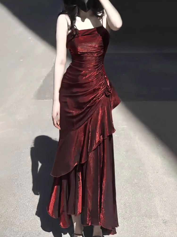 Vintage High Low Spaghetti Straps Burgundy Long Party Dress Birthday Outfits