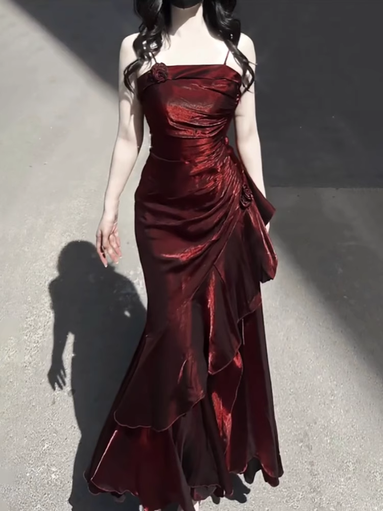 Vintage High Low Spaghetti Straps Burgundy Long Party Dress Birthday Outfits Main image