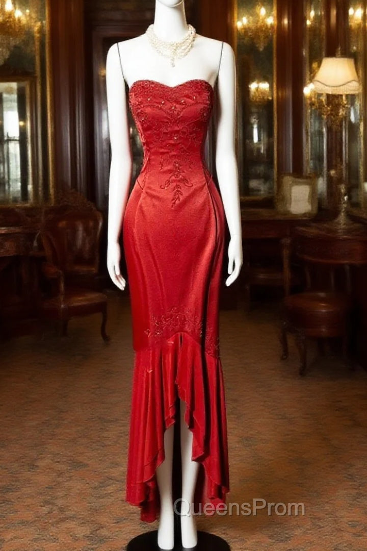 Vintage High Low Strapless Red Long Evening Prom Gown Fairy Evening Prom Dress