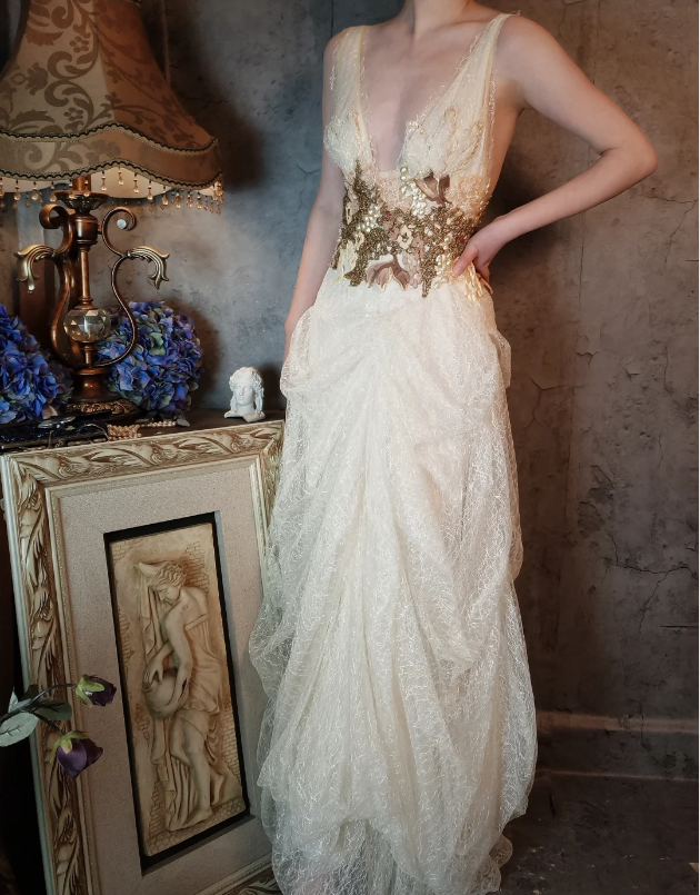 Vintage Ivory Deep V-Neck Beaded 3D Floral Lace Long Classy Prom Dress Secondary image